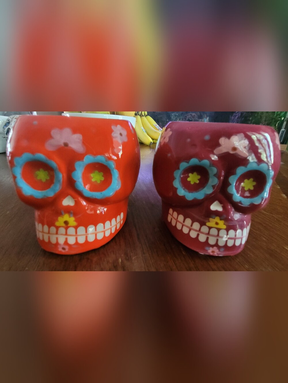 Day Of The Dead Colorful Ceramic Decorative Sugar Skull Vases Set - Orange Pink